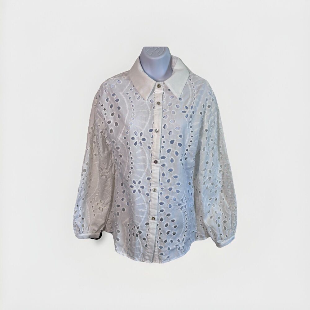 Cottagecore White Eyelet Blouse Collared Puff Sleeve Romantic Style Top Size L